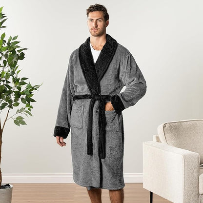 PAVILIA Mens Soft Robe, Plush Fluffy Fleece Bathrobe Men, Long Sherpa Shaggy Spa Robe