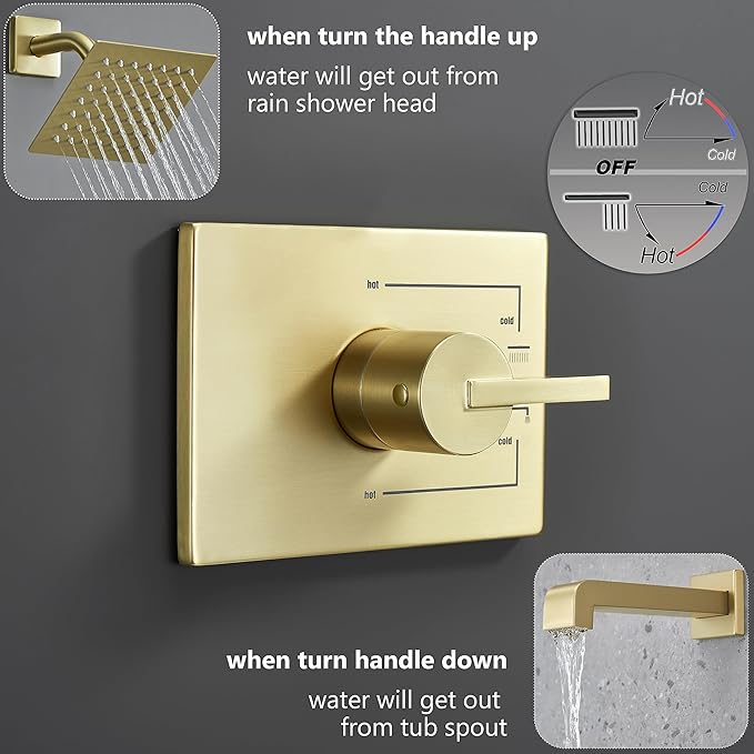 Brushed Gold Shower Fixtues, Tub and Shower Faucet Set Combo with 6 Inch Gold Shower Head and Tub Spout, Gold Shower Head and Handle Set (Valve Included)