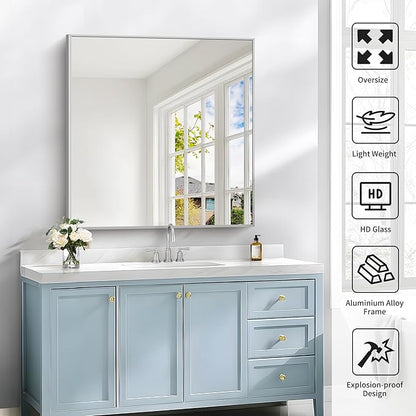 Silver Bathroom Mirror for Wall, 30x30 Inch Rectangle Mirrors with Metal Frame, Modern Vanity Wall Mirror Decor for Bathroom Living Room, Entryway Hangs Horizontal or Vertical