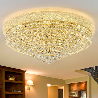 18-Light 32 inch Large Crystal Chandelier Flush Mount Ceiling Light Fixture for Living Room Dining Room Bedroom Foyer Entryway Gold Finish