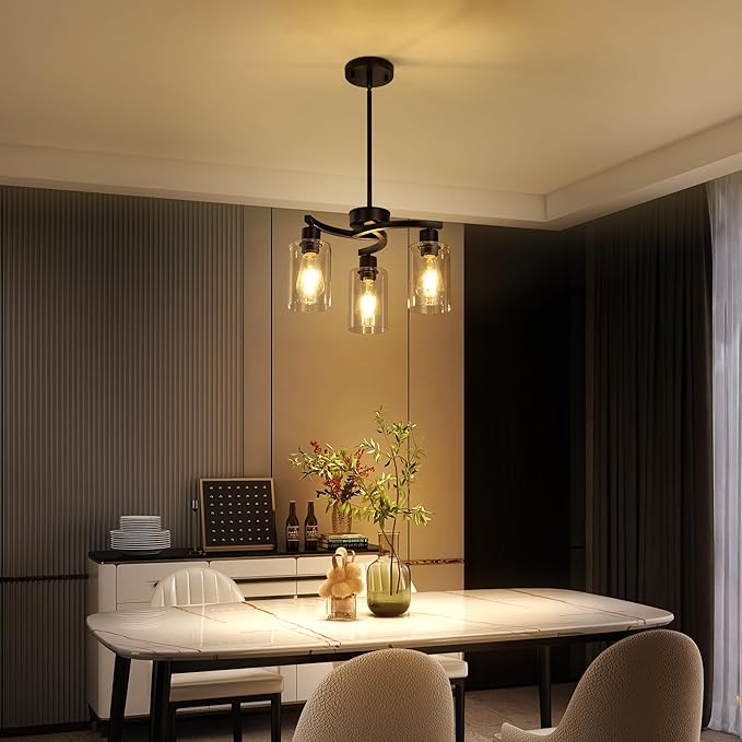 3-Light Modern Farmhouse Black Pendant Lights Kitchen Island, Adjustable Height Contemporary Chandeliers for Dining Room Light Fixture Hanging, Clear Glass Shade