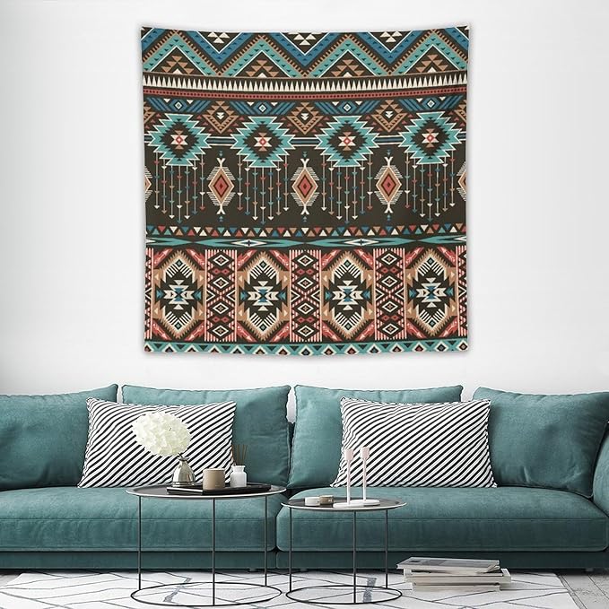 HZOHNAGO Aztec Tapestry Turquoise Blue and Brown and Native American Tribal Pattern Printed Wall Tapestry Wall Hanging for Bedroom Living Room Dorm 60" W x 60" H
