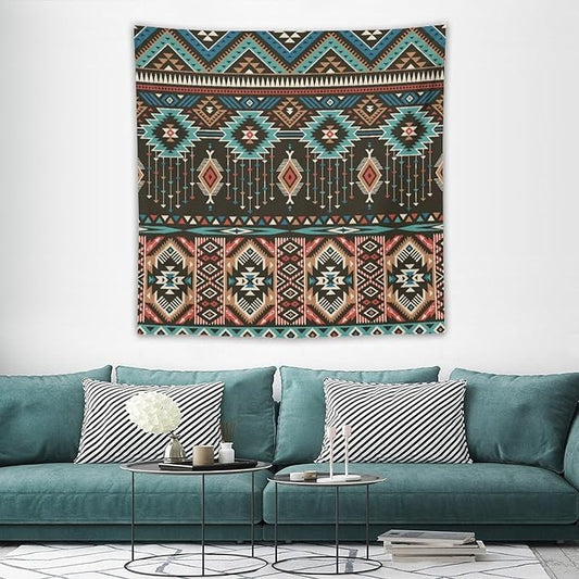 HZOHNAGO Aztec Tapestry Turquoise Blue and Brown and Native American Tribal Pattern Printed Wall Tapestry Wall Hanging for Bedroom Living Room Dorm 60" W x 60" H