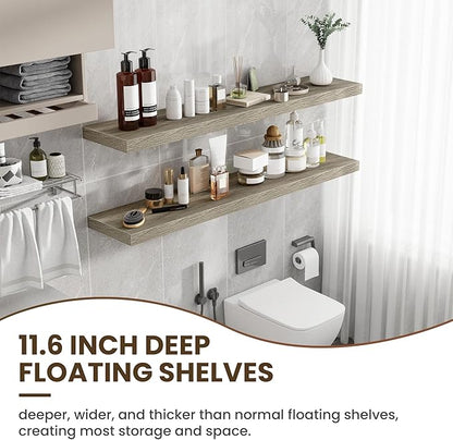 55 Inch Floating Shelves, 12 Inch Deep Floating Shelves for Wall, Floating Shelf with Invisible Brackets, Deep Shelves for Bathroom, Bedroom, Living Room, 1 Pack, Grey
