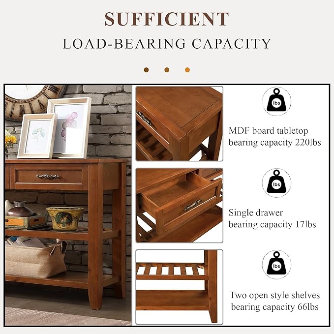 Solid Wood Console Table Entryway Table with Storage Drawers and Shelves Sofa Tables (42" Brown)