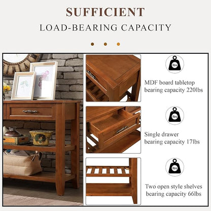 Solid Wood Console Table Entryway Table with Storage Drawers and Shelves Sofa Tables (42" Brown)