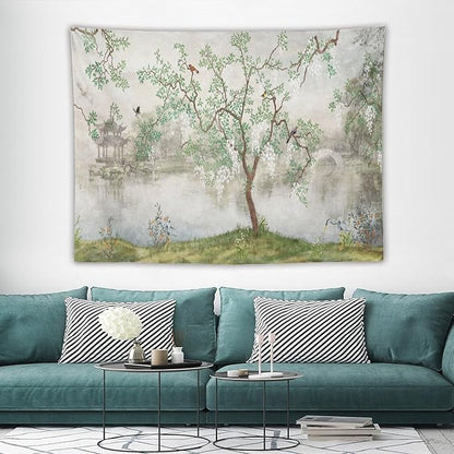 HZOHNAGO Japanese Tapestry Tree Misty Garden Lake Printed Wall Tapestry Ink Painting Wall Hanging for Bedroom Living Room Dorm 80" W x 60" H
