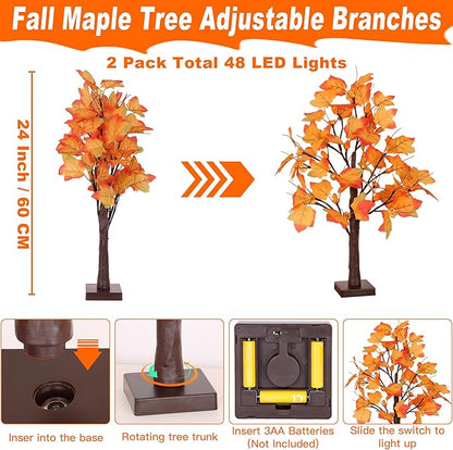 2 Pack 24 Inch Prelit Fall Maple Tree Fall Decor with 48 LED Timer Battery Operated Artificial Fall Light Up Tree Pumpkin Maple Acorn for Fall Thanksgiving Decorations Table Home Indoor Autumn Harvest