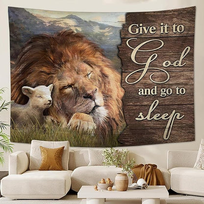 yowecso Lion and Lamb Tapestry Give It To God And Go To Sleep Tapestry Wall Hanging for Bedroom Christian Religious Tapestries Aesthetic Wall Decor for Home Dorm Living Room 40"x60"