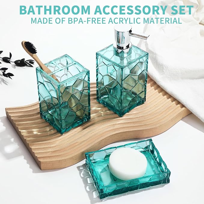 Teal Blue Beach Bathroom Accessories Set with Toothbrush Holder, Soap Dispenser, Tumbler, Soap Dish, Turquoise Bathroom Decor,Acrylic (Teal-4pcs)