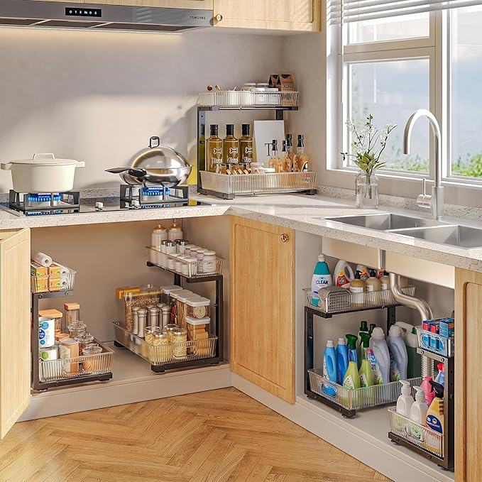 2 Pack Under Sink Organizer, 2-Tier Pull Out Cabinet Organizer, Elegant Acrylic Under Sink Storage Shelf for Kitchen Bathroom Cabinet, L-Shaped Adjustable Height for Maximum Space Efficiency-Black