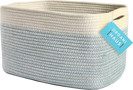OrganiHaus Woven Storage Baskets for Organizing, Cotton Rope Organizer Bins for Shelves, Closet & Nursery, Dog Toy Basket, Decorative Bins for Toys, Towels & Books - 15x10x9, Blue/Off-White