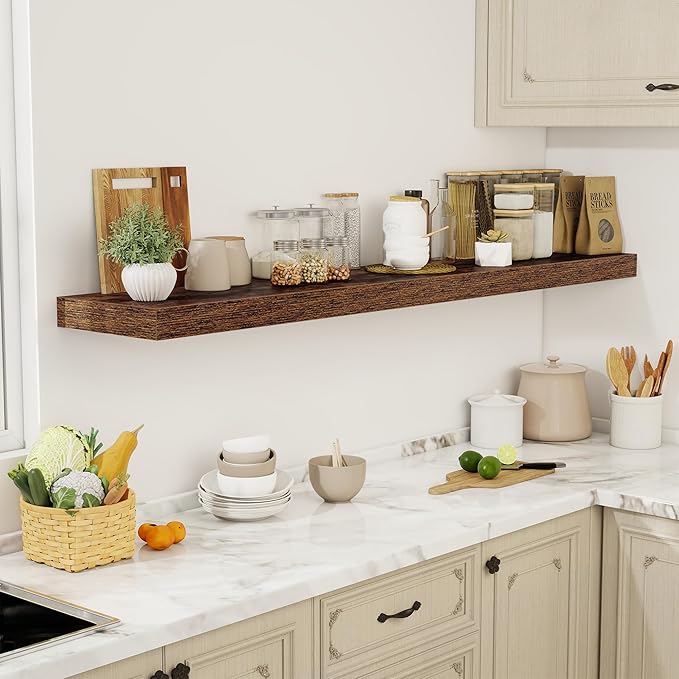 72 Inch Floating Shelves, 12" Deep Floating Shelf Wall Mounted, 72" Wall Shelves, Rustic Deep Bookshelf, Extra Deeper & Thicker Display Shelves for Bedroom, Living Room, Brown, Set of 1