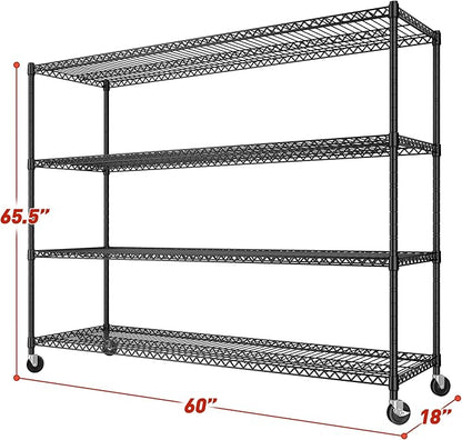 REIBII 60''W Storage Shelves 2399LBS Garage Shelving Heavy Duty with Wheels & Feet, 4 Tier Wire Shelving Adjustable Metal Shelving for Pantry Garage Kitchen Commercial Industrail, 60"W x 18"D x 65.5"H
