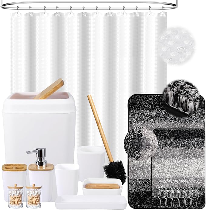 White Bathroom Sets Accessories with Waffle Shower Curtain and Bath Mats,Bathroom Sets with Trash Can,Toothbrush Holder,Toothbrush Cup,Soap Dispense,Tray,Soap Dish,Toilet Brush,Qtip Holder