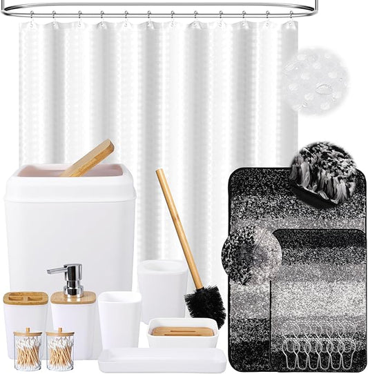 White Bathroom Sets Accessories with Waffle Shower Curtain and Bath Mats,Bathroom Sets with Trash Can,Toothbrush Holder,Toothbrush Cup,Soap Dispense,Tray,Soap Dish,Toilet Brush,Qtip Holder