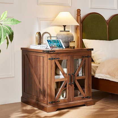24" End Table with Charging Station, Farmhouse Night Stand with Glass Barn Door, Green Nightstands with Adjustable Storage Shelf, Large Wood Square Bed Side Table for Living Room, Bedroom