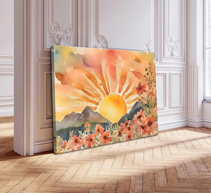 Boho Sun Canvas Wall art Mid-Century Modern Abstract Bohemian Sunset in The Mountains Watercolor Wildflowers Sunrise Landscape Picture Wall Decor Poster Print Artwork for Living Room Bedroom