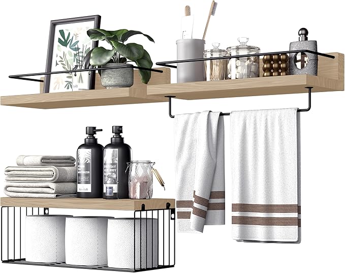 Bathroom Shelves Over Toilet for Wall, Floating Shelves with Storage Basket Paper Holer for Kitchen Living Room, Bedroom & Classroom, Set of 3 (Nature Wood)