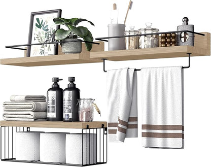 Bathroom Shelves Over Toilet for Wall, Floating Shelves with Storage Basket Paper Holer for Kitchen Living Room, Bedroom & Classroom, Set of 3 (Nature Wood)