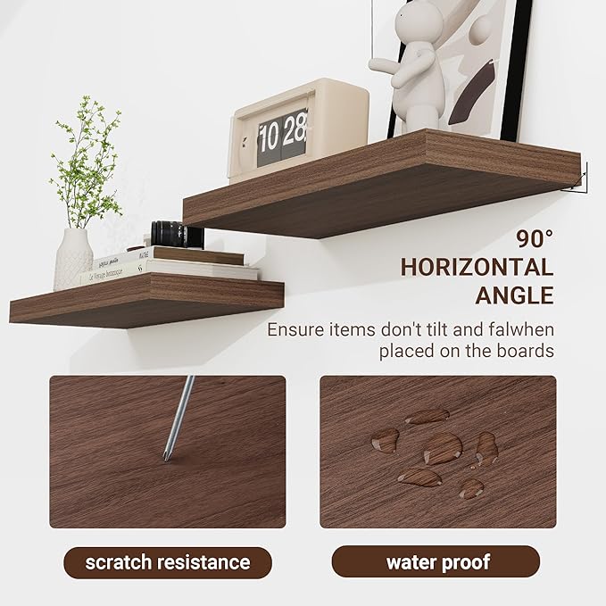 36 Inch Floating Shelves, 36"x9.25"x1.5" Inch Deep Floating Shelves for Wall, Wooden Shelves for Bathroom, Bedroom, Living Room, Walnut, 2 Pieces