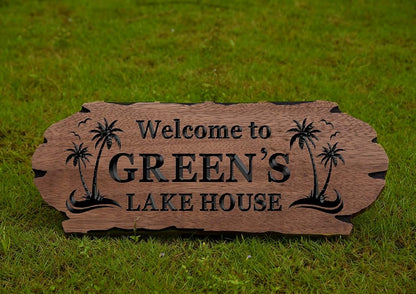 Personalized Cabin Sign - Rustic Wood Welcome Sign for Outdoor, Home Wall Decor,Farmhouse Decor, Custom Backyard Sign,Carved wood sign.3D Carving Wood Sign.