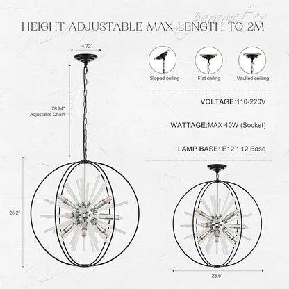 23.6" Black Chrome 12-Light Globe Sputnik Chandelier Modern Adjustable Hanging Ceiling Glass Tube Pendant Light Fixture for Entryway Foyer Staircase Dining Living Room Hallway