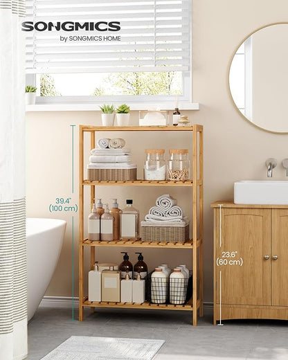 SONGMICS Bamboo Storage Shelf, 4-Tier Shelving Unit, Multifunctional, in The Entryway, Bathroom, Living Room, Balcony, Kitchen, 10.2 x 23.6 x 39.4 Inches, Light Bamboo UBCB034Y01
