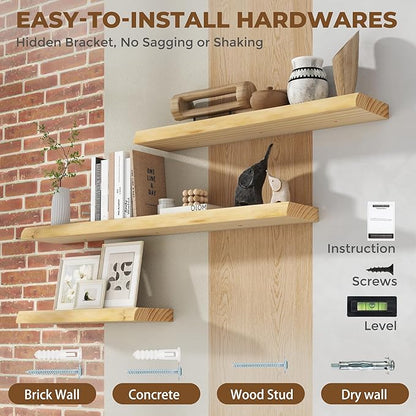 RICHFOCUS Live Edge Wood Floating Shelves for Wall 36" Natural Solid Wood Wall Mounted Shelf|8 Inch Deep Wooden Floating Shelves with Invisible Bracket for Bathroom Kitchen Room|2Pcs, Natural