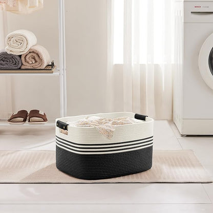 45L Small Laundry Basket with Leather Handles for Living Room Storage, Woven Rope Baskets Bin for Blanket, Kids Toy, Gifts, Wicker Hamper for Bedroom Dirty Clothes, 18"x14"x11" White Black