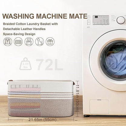 72L Large Laundry Basket with Leather Handles for Living Room Storage, Woven Rope Baskets Bin for Blanket, Kids Toy, Gifts, Wicker Hamper for Bedroom Dirty Clothes, 22"x17"x12" White Brown