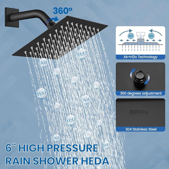 Airuida Shower Faucet Set Bathroom Rain Shower System SUS304 Stainless Steel Single Handle With Male Threads Rough-in Valve Shower Trim Kit 6 Inch Wall Mount Shower Head Matte Black