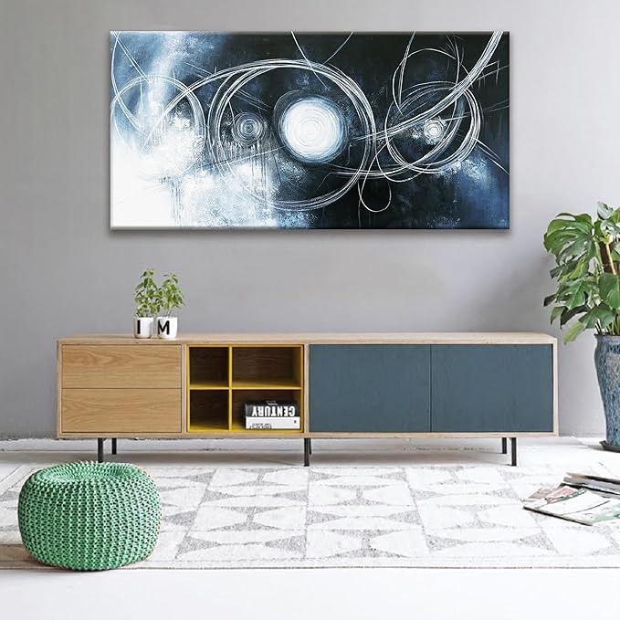 TAIJXAGSG Abstract Wall Art Modern Wall Decorations Maximalist Dark Blue Canvas Wall Art Decor Prints White Line Artwork For Living Room Bedroom Kitchen Office Artwork Ready To Hang 24"×48"