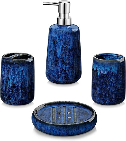 vancasso Blue Bathroom Accessories Set, Ceramic Soap Dispenser and Toothbrush Holder Sets, Stoneware 4 Pcs Bathroom Sink Set for Modern Home Decor, Series Starry