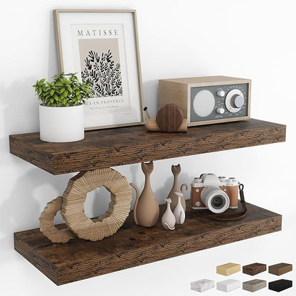 RICHFOCUS 31.5Inch Floating Shelves for Wall 2 Pack Shelves for Bedroom|Kitchen|Bathroom Wall Mounted Rustic Wood Floating Shelf with Invisible Brackets for Books|Storage|Decor, Rustic Brown