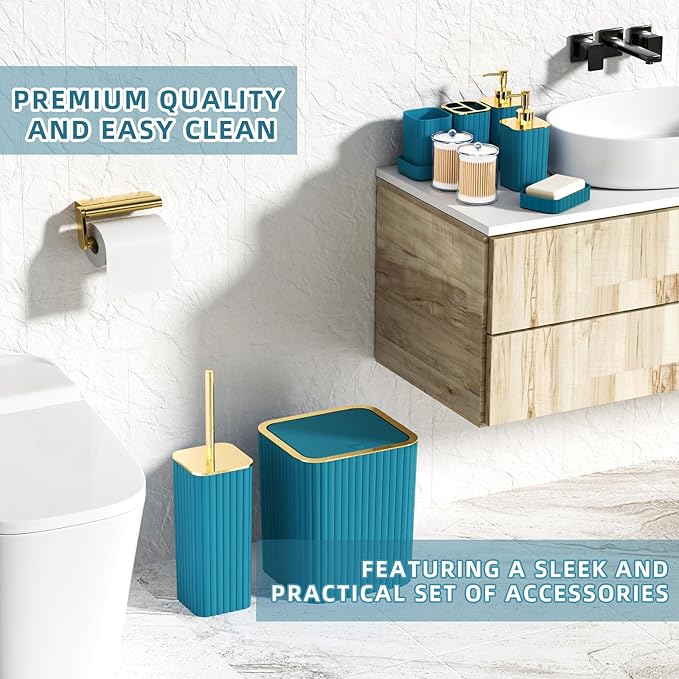 Bathroom Accessories Set - Gorgeous Bathroom Set, 10PC Teal Bathroom Accessory Set, Toilet Brush, Trash Can, Qtip Holder Dispenser & Soap Dispenser