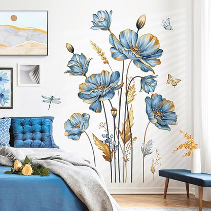 decalmile Large Blue Flower Wall Stickers Floral Butterfly Plants Gold Leaves Wall Decals Bedroom Living Room Sofa TV Background Wall Decor