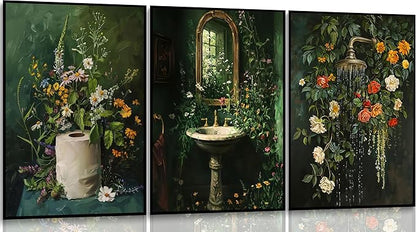 3Pcs Vintage Dark Green Bathroom Wall Art Shower Toilet Paper Roll Floral Poster Print Modern Farmhouse plants Painting Picture Wall Decor For Bathroom Living Room Decoration Unframed