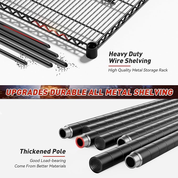 REIBII 60''W Storage Shelves 2399LBS Metal Shelving Unit with Wheels & Feet, 4 Tier Garage Shelving Heavy Duty Adjustable Wire Shelf for Pantry Kitchen Garage, 60" W x 18" D x 65.5" H, 2 Pack