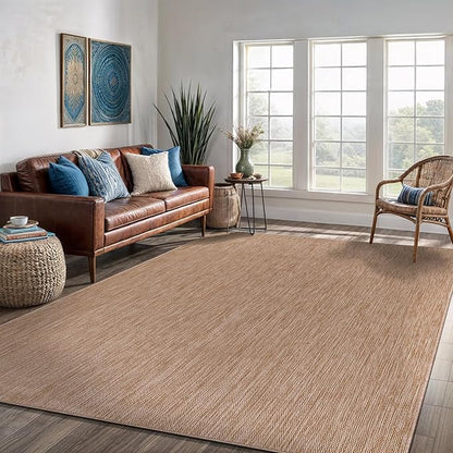 Washable Indoor Outdoor Rug 6x9 Weather Resistant Area Rugs Modern Solid Jute Rug for Porch Deck Balcony Backyard Patio Outside Carpet (6 X 9 Jute Beige)