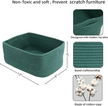 Small Woven Storage Baskets 13“X9”X5“ Decorative Rope Bins for Organizing Shelves, Closets, and Toys, Empty Gift Baskets, Cute Organizer Basket for Home and Office (dark green, Large)