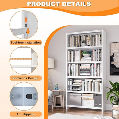 69.3" H Home Office Bookcase Shelf Storage,5 Tier Bookcase with Open Display Shelves,Industrial Wide Bookshelf with Metal Frame for Home Office, Living Room, Bed Room (34.1" W)