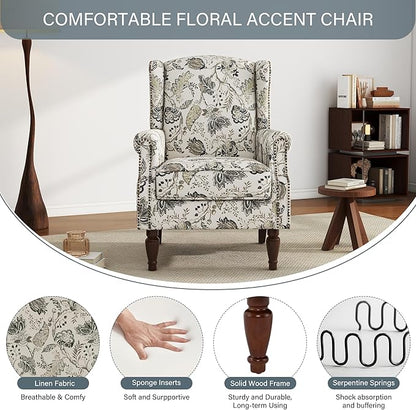 UIXE High Back Floral Accent Chairs Set of 2, Upholstered Armchair in Fabric, Retro Printed Wingback Arm Chair for Living Room, Nailhead Trim Single Sofa Bedroom Reading Seat - Plants Beige
