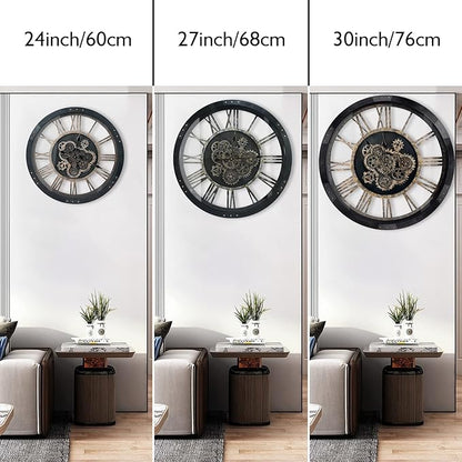 DORBOKER 24" Large Wall Clock with Moving Gears,Oversize Vintage Industrial Rustic Farmhouse Clocks for Living Room Decor Office Home,Solid Wood HD Tempered Glass Cover,Vintage Black