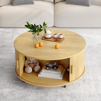 Round Coffee Table with Storage, 31.5" Modern Coffee Table with 360° Curved Sliding Door, Fluted Wood Accent Coffee Table with Adjustable Footpads, Round Center Table for Living Room, Oak