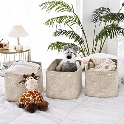 3-Pack Shelf Baskets for Organizing, Woven Storage Basket for Shelves, Cotton Rope Storage Bins for Toys Books, Nursery Towel Baskets for Classroom, 14.96"X9.8"X8.85", Brown