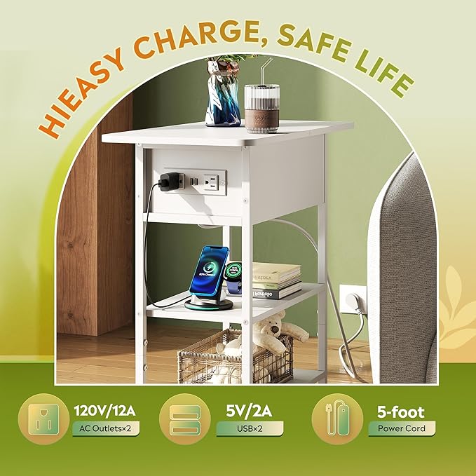 WLIVE End Table with Charging Station, Flip Top Side Table with Storage Shelf, Sofa Couch Table with USB Ports and Outlets, Narrow Bedside Table for Living Room, Bedroom Nightstand, White