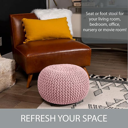 BIRDROCK HOME Round Pouf Ottoman | Cotton Braided Foot Stool with Bean Bag Filling | Boho Foot Rest for Living Room & Bedroom | Compact & Comfortable Seating, Lightweight & Soft | Dusty Rose