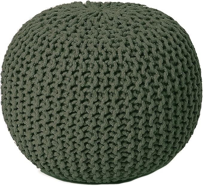 REDEARTH Round Hand Knitted Pouf - Foot Stool Bean Bag Ottoman - Cord Boho Pouffe - Poof Accent Beanbag Footrest for Living Room - Bedroom - Patio - Lounge (19.5"x19.5"x14") - Olive