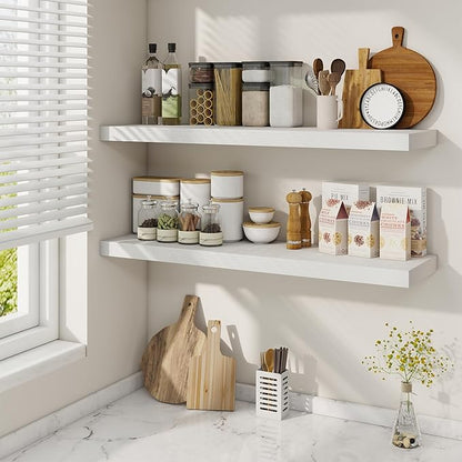 36 Inch Floating Shelves, 9.3 Inch Deep Rustic Wall Shelves - Extra Deeper Wall Mounted Storage Shelves for Bathroom, Kitchen, Living Room (White, Set of 2)